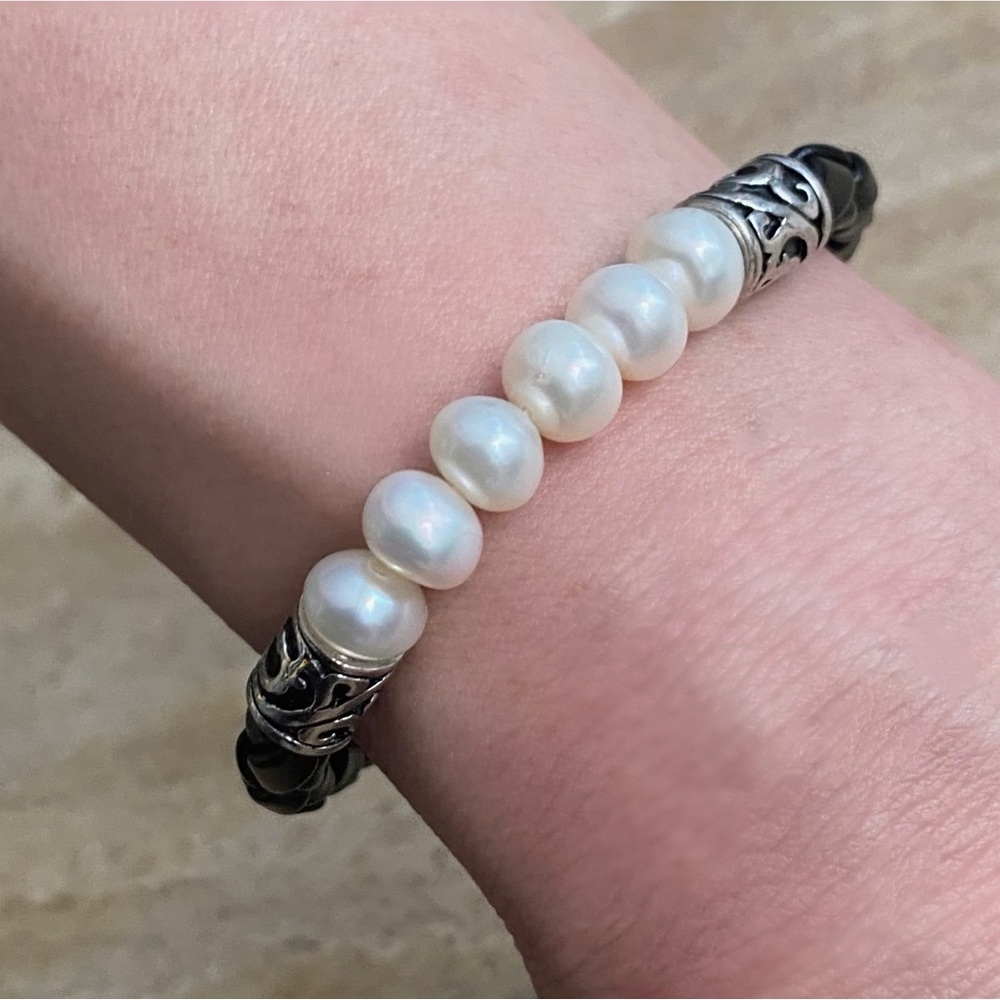 Pearl Bracelet w/ Braided Black Leather & Engraved Sterling Silver Accents NWOT